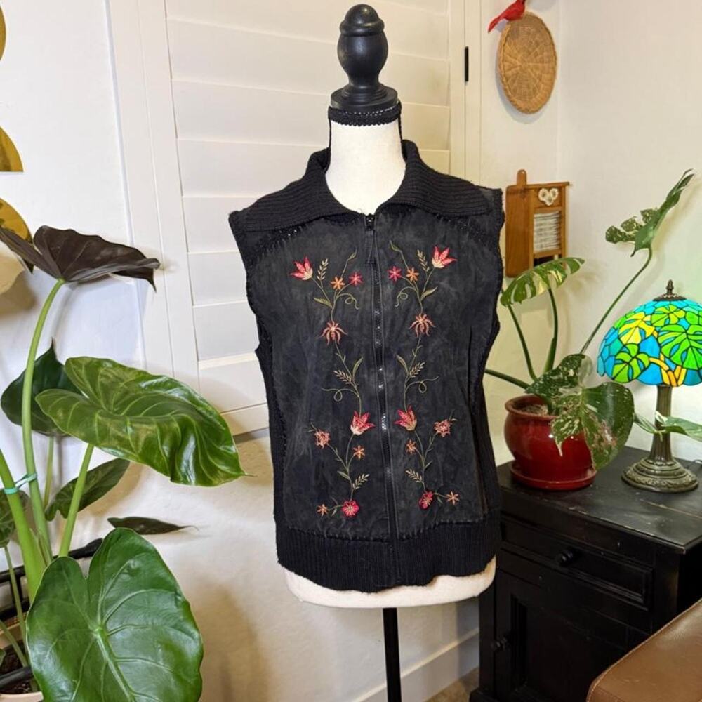 Vintage Y2K Designers Studio Embroidered Genuine Leather Floral Zip Vest Small